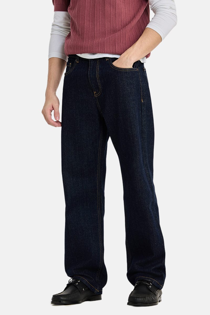 Men's Dark Blue Wide-Leg Denim Jeans